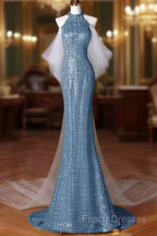 Sexy Mermaid Halter Sequin Blue Floor Length Formal Prom Dress