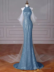 Sexy Mermaid Halter Sequin Blue Floor Length Prom Dress