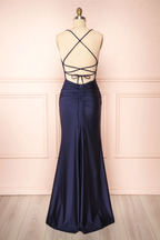 Sexy Mermaid Halter Sleeveless Navy Blue Long Prom Dresses