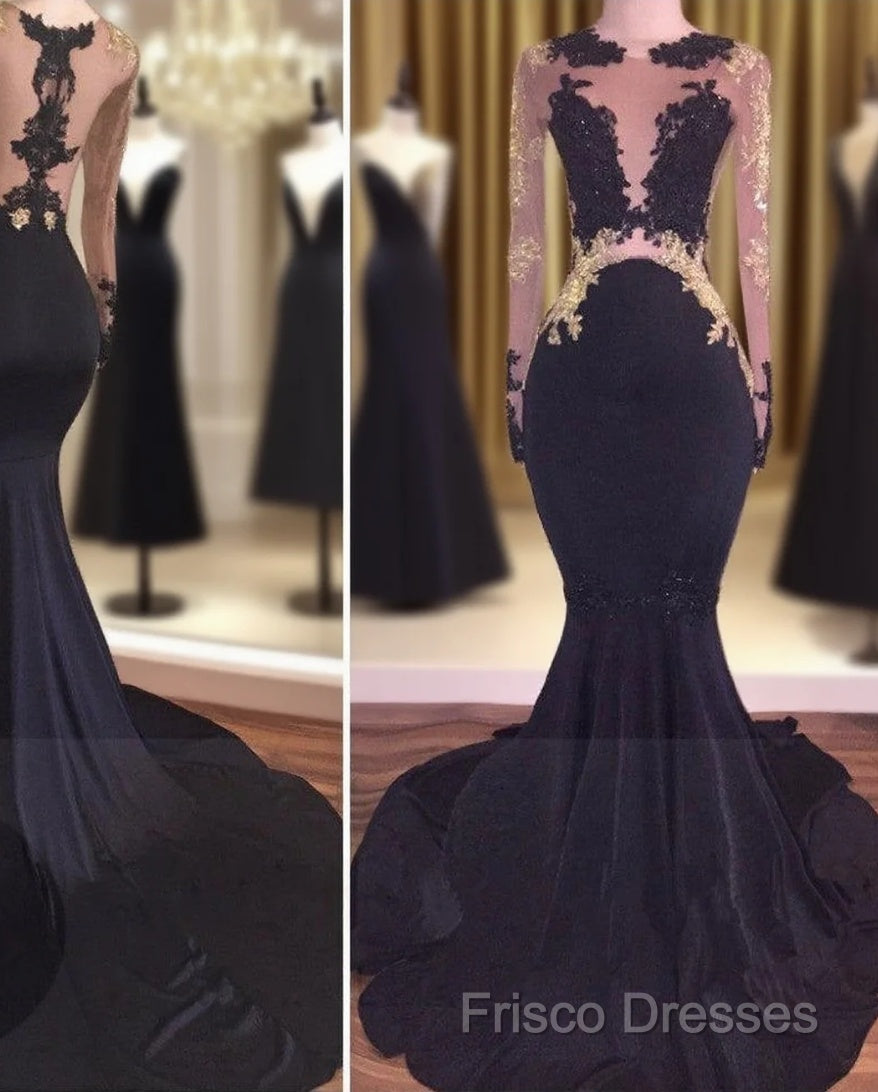Sexy Mermaid Lace Black Gold Formal Prom Dress