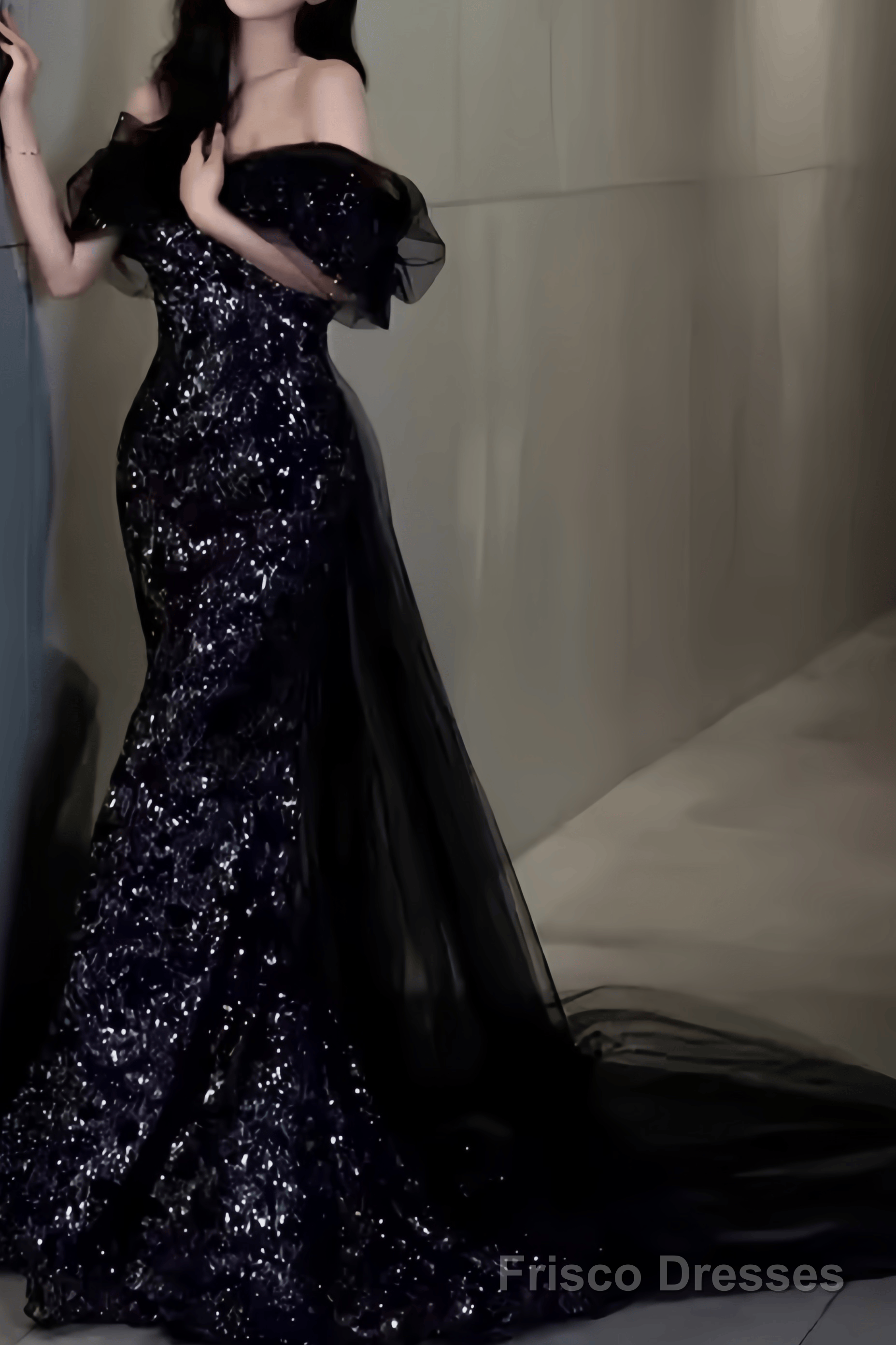 Sexy Mermaid Long Black Sequin Prom Dresses With Cap Sleeves Long Prom Dress