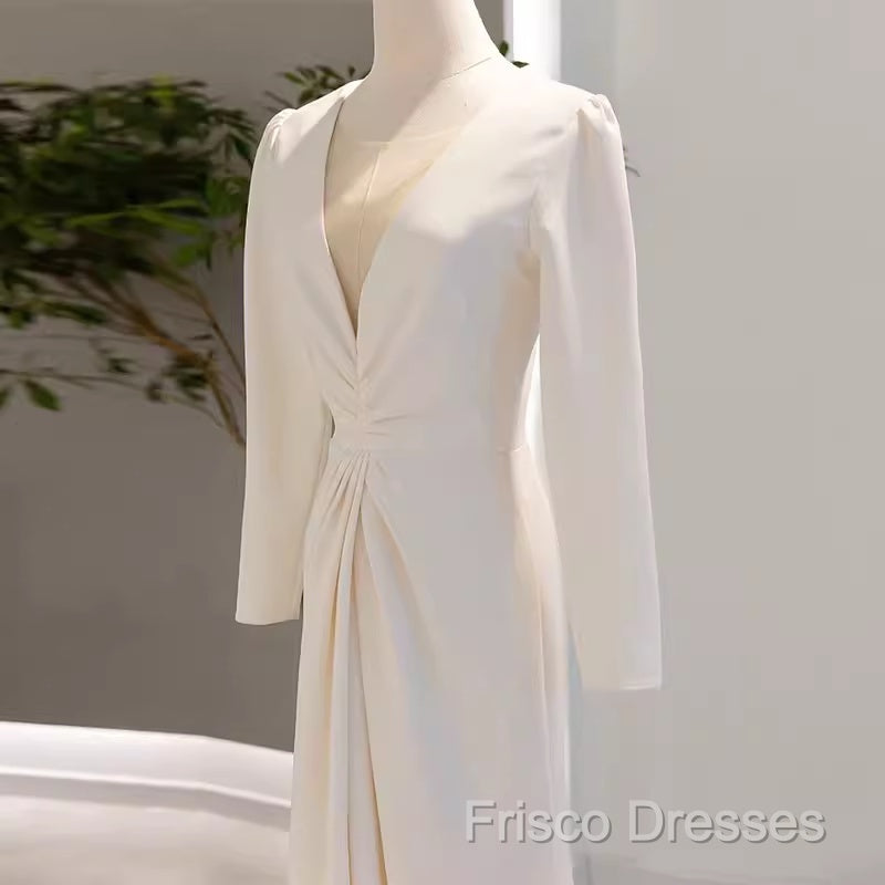Sexy Mermaid Long Sleeves V Neckline Satin White Long Wedding Dress Brides Dress Secondary image