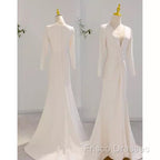 Sexy Mermaid Long Sleeves V Neckline Satin White Long Wedding Dress Brides Dress