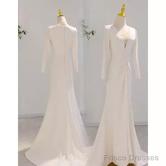 Sexy Mermaid Long Sleeves V Neckline Satin White Long Wedding Dresses Brides Dress