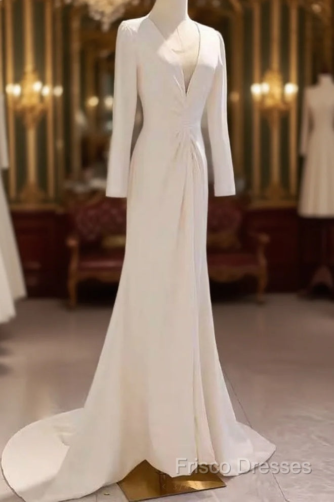 Sexy Mermaid Long Sleeves V Neckline Satin White Long Wedding Dress Brides Dress