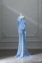 Sexy Mermaid Off The Shoulder Blue Sequin Long Formal Prom Dress Evening Gowns