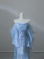 Sexy Mermaid Off The Shoulder Blue Sequin Long Prom Dresses Evening Gowns