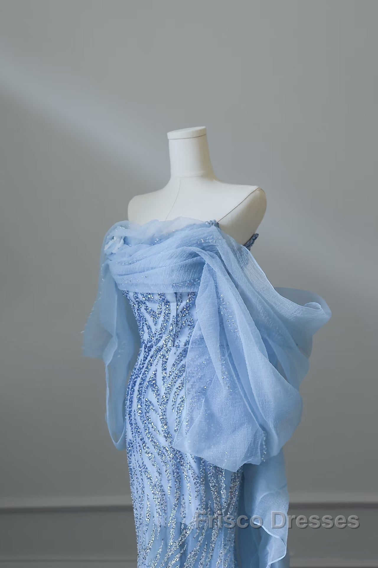 Sexy Mermaid Off The Shoulder Blue Sequin Long Formal Prom Dress Evening Gowns