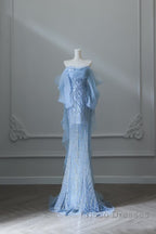 Sexy Mermaid Off The Shoulder Blue Sequin Long Formal Prom Dress Evening Gowns