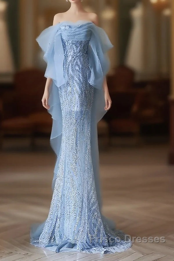 Sexy Mermaid Off The Shoulder Blue Sequin Long Formal Prom Dress Evening Gowns Main image