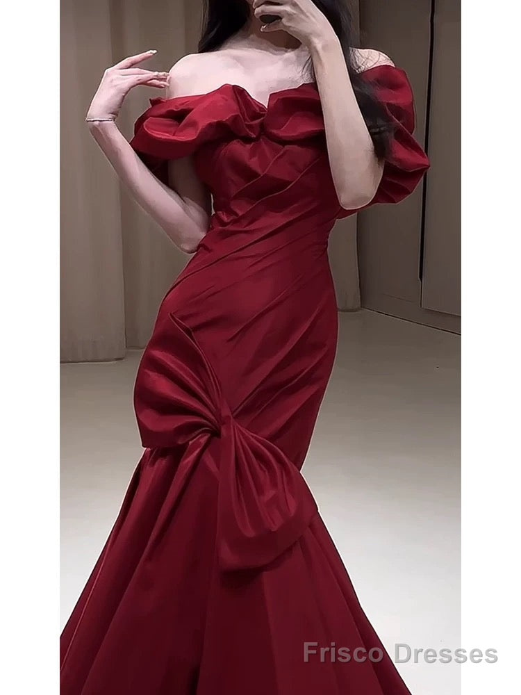 Sexy Mermaid Off The Shoulder Burgundy Satin Floor Length Evening Dress Prom Dresses Secondary image