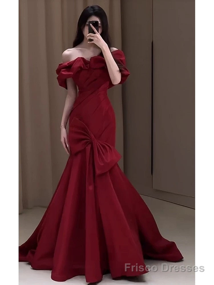 Sexy Mermaid Off The Shoulder Burgundy Satin Floor Length Evening Dress Prom Dresses