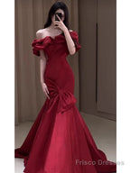 Sexy Mermaid Off The Shoulder Burgundy Satin Floor Length Evening Dress Prom Dresses