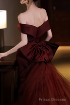 Sexy Mermaid Off The Shoulder Burgundy Tulle Floor Length Floral Prom Dresses