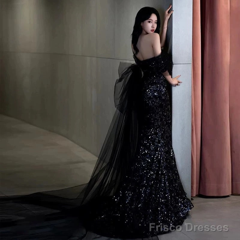 Sexy Mermaid Off The Shoulder Cap Sleeves Sequin Floor Length Black Prom Dresses Secondary image