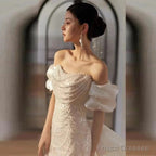 Sexy Mermaid Off The Shoulder Cap Sleeves Sequin Floor Length Pearls Prom Dresses