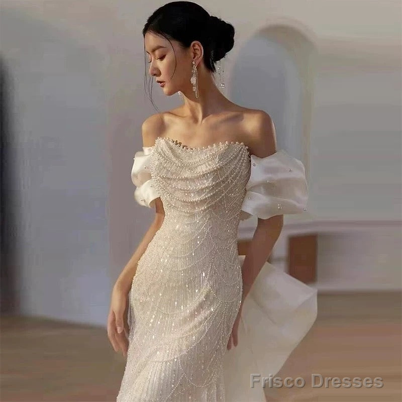 Sexy Mermaid Off The Shoulder Cap Sleeves Sequin Floor Length Pearls Prom Dresses