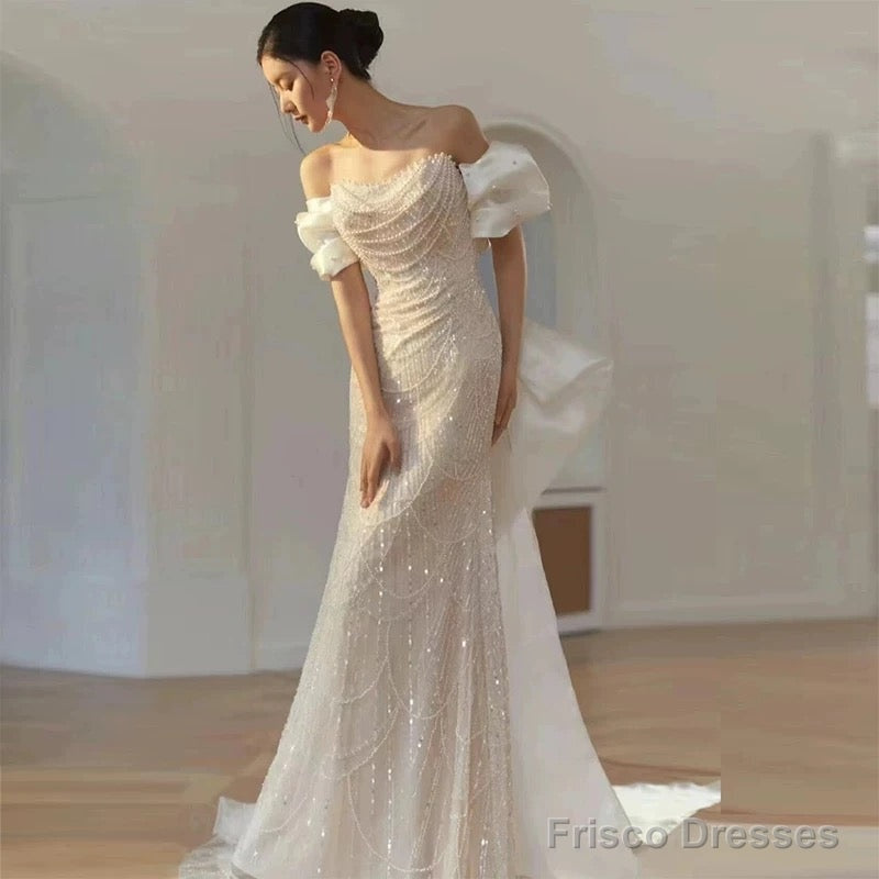 Sexy Mermaid Off The Shoulder Cap Sleeves Sequin Floor Length Pearls Prom Dresses Main image