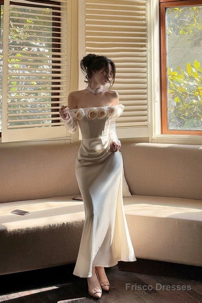 Sexy Mermaid Off The Shoulder Flowers Satin Long Evening Dress Prom Dresses