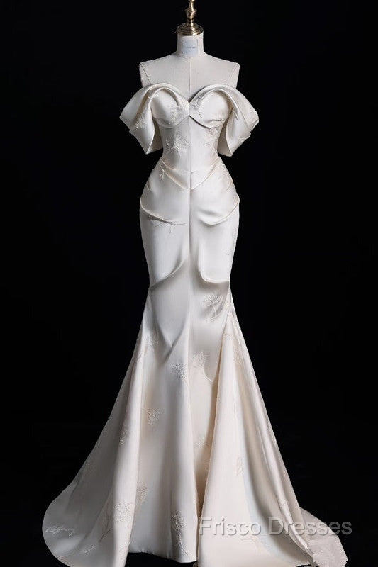 Sexy Mermaid Off The Shoulder Ivory Satin Long Wedding Dress Brides Dress