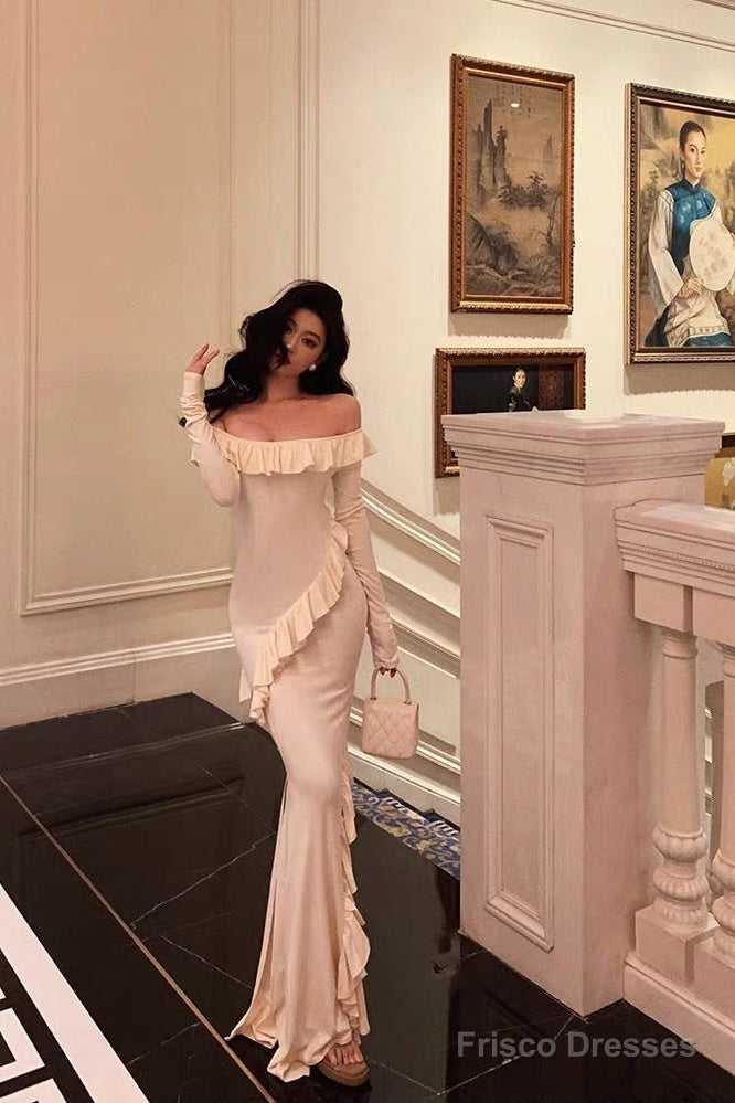 Sexy Mermaid Off The Shoulder White Long Sleeves Ankle Length Ruffle Prom Dresses Birthday Outfits Secondary image