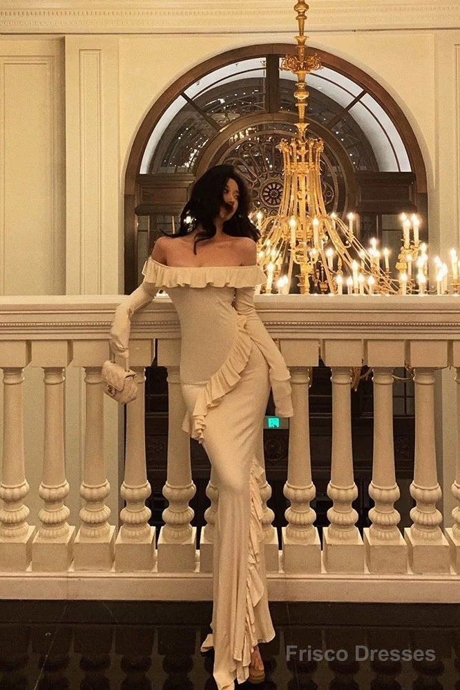 Sexy Mermaid Off The Shoulder White Long Sleeves Ankle Length Ruffle Prom Dresses Birthday Outfits