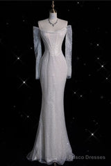 Sexy Mermaid Off The Shoulder White Sequin Long Sleeves Wedding Dresses Brides Dress