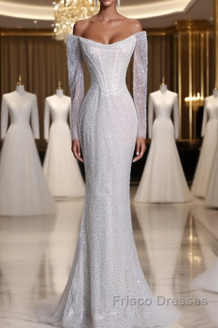 Sexy Mermaid Off The Shoulder White Sequin Long Sleeves Wedding Dress Brides Dress Main image
