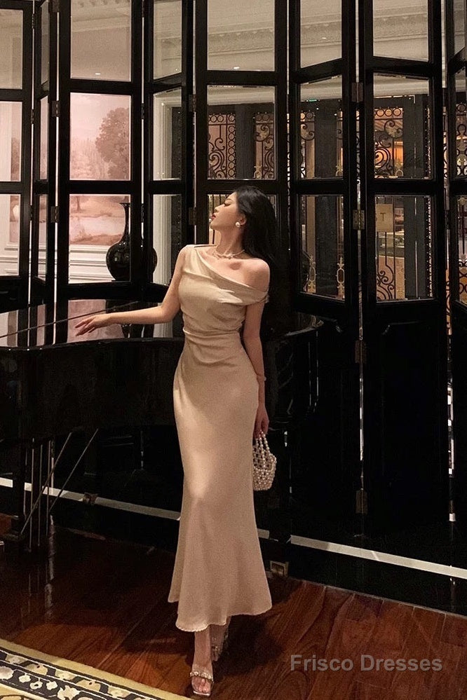 Sexy Mermaid One Shoulder Satin Champagne Prom Dresses Long Birthday Outfits Evening Gown Main image