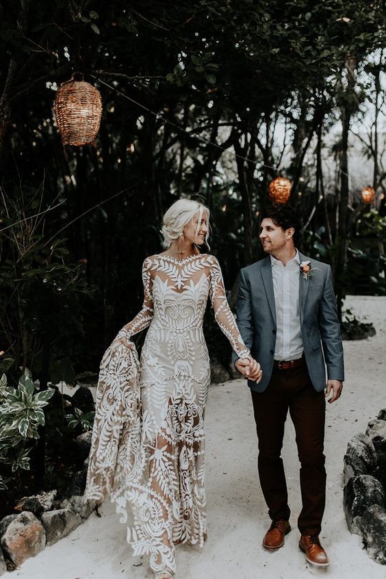 Sexy Mermaid Prom Dresses Boho Lace Long Sleeves Spring Wedding Dresses Main image