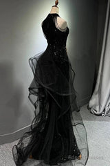 Sexy Mermaid Scoop Neckline Black Sequin Floor Length Prom Dresses