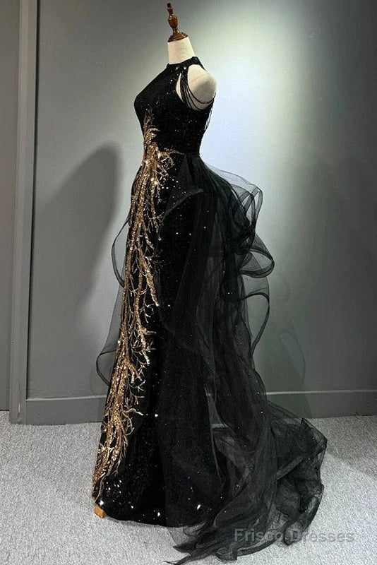 Sexy Mermaid Scoop Neckline Black Sequin Floor Length Prom Dresses