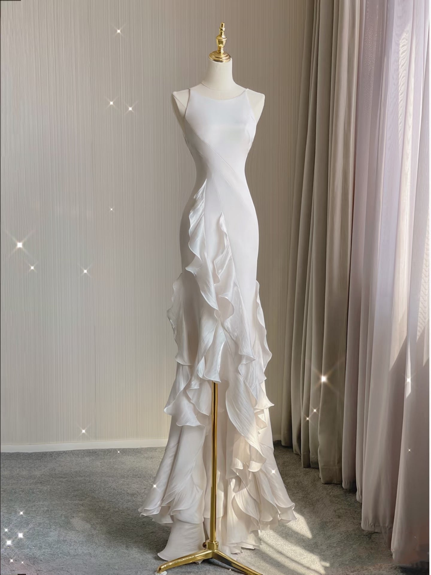 Sexy Mermaid Scoop Satin Night Party Dress White Long Prom Dresses Secondary image