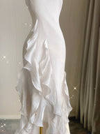 Sexy Mermaid Scoop Satin Night Party Dress White Long Prom Dresses