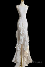 Sexy Mermaid Scoop Satin Night Party Dress White Long Formal Prom Dress