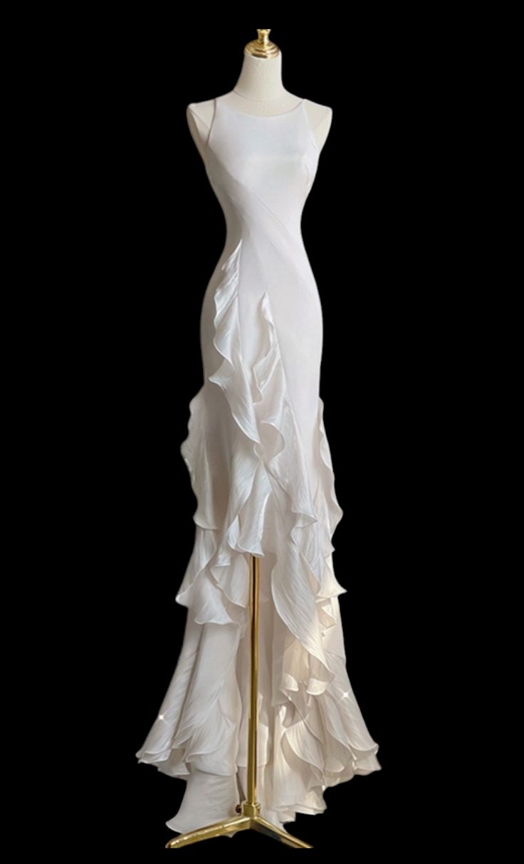 Sexy Mermaid Scoop Satin Night Party Dress White Long Prom Dresses Main image