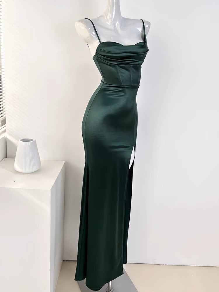 Sexy Mermaid Sleeveless Green Satin Long Prom Dress Secondary image