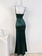 Sexy Mermaid Sleeveless Green Satin Long Prom Dress