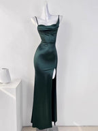Sexy Mermaid Sleeveless Green Satin Long Prom Dress