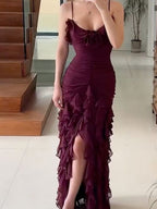 Sexy Mermaid Spaghetti Straps Ankle Length Chiffon Evening Dress Prom Dresses