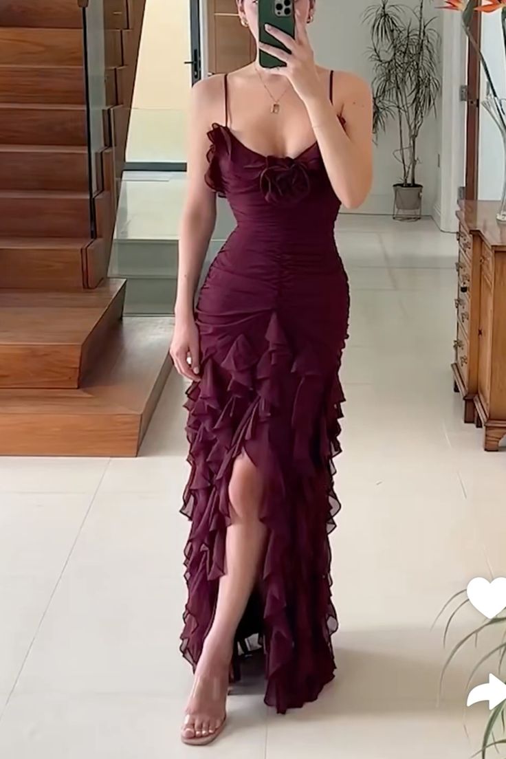 Sexy Mermaid Spaghetti Straps Ankle Length Chiffon Evening Dress Prom Dresses