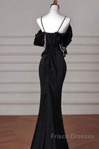 Sexy Mermaid Spaghetti Straps Black Long Formal Dress Satin Formal Prom Dress
