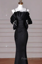Sexy Mermaid Spaghetti Straps Black Long Formal Dress Satin Formal Prom Dress