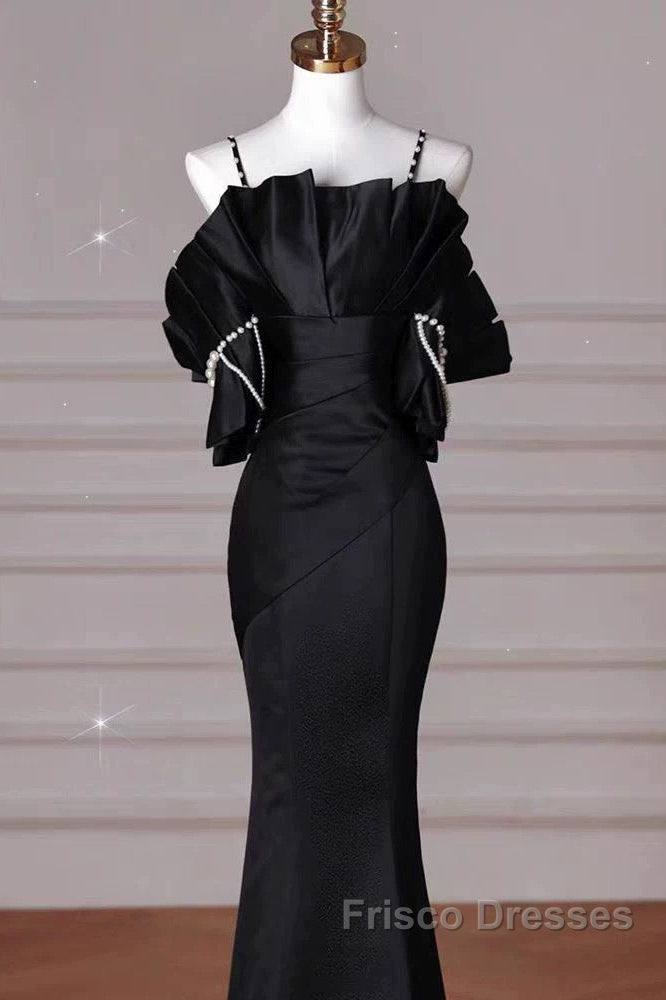 Sexy Mermaid Spaghetti Straps Black Long Formal Dress Satin Formal Prom Dress