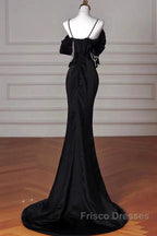 Sexy Mermaid Spaghetti Straps Black Long Formal Dress Satin Formal Prom Dress