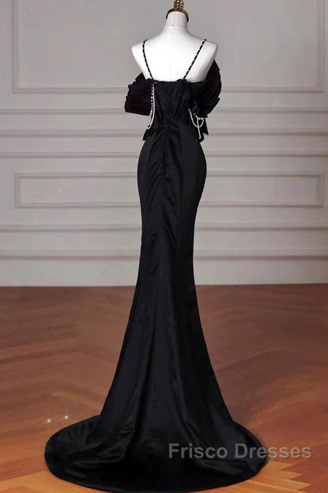 Sexy Mermaid Spaghetti Straps Black Long Formal Dress Satin Formal Prom Dress