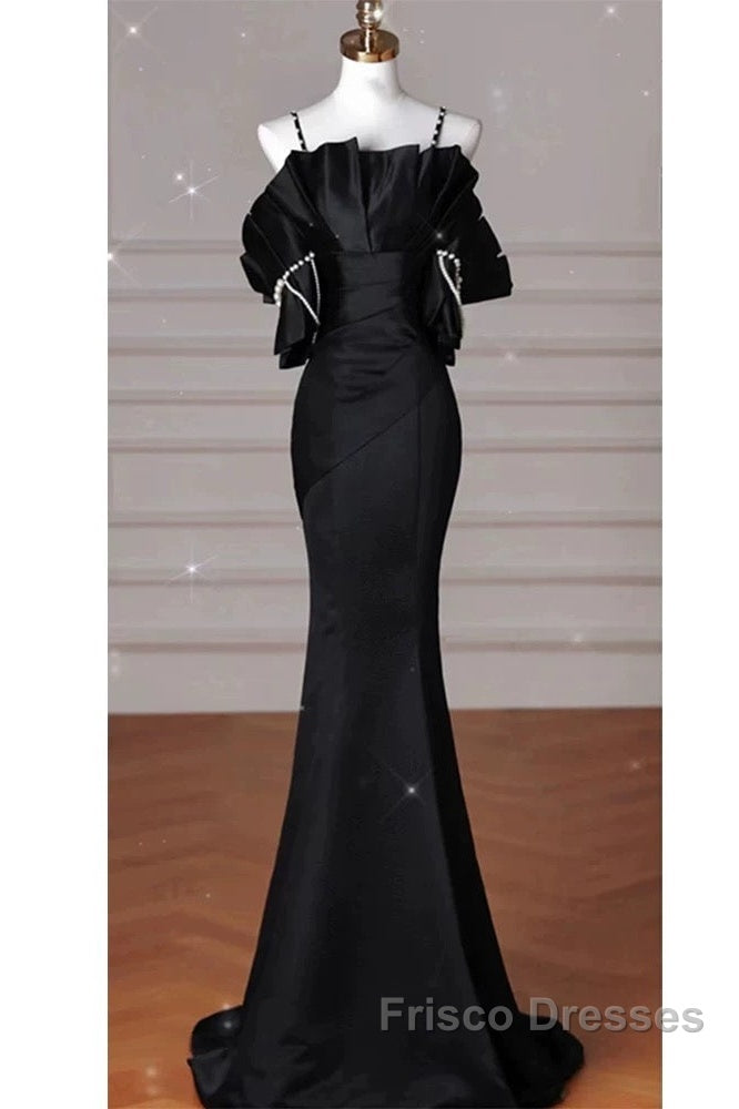 Sexy Mermaid Spaghetti Straps Black Long Formal Dress Satin Formal Prom Dress