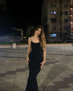 Sexy Mermaid Spaghetti Straps Black Satin Long Prom Dresses Trendy Party Dress For Women
