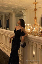 Sexy Mermaid Spaghetti Straps Black Sequin Prom Dresses Birthday Outfits