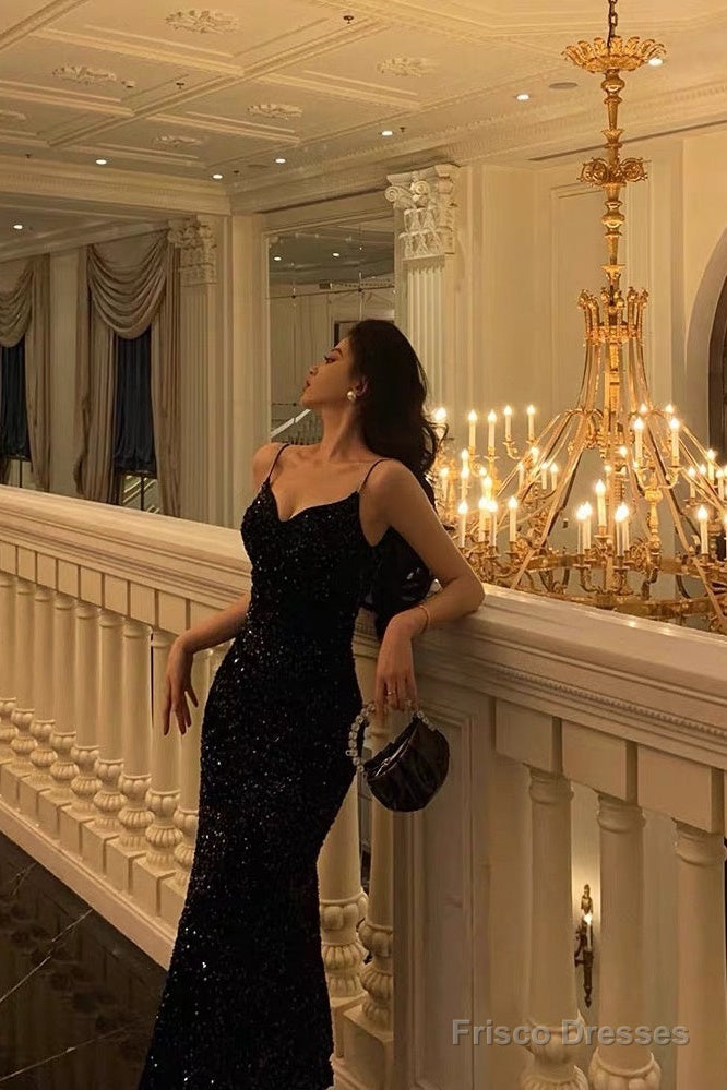 Sexy Mermaid Spaghetti Straps Black Sequin Prom Dresses Birthday Outfits
